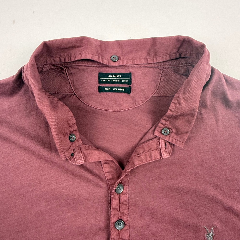 AllSaints Saints SS Polo Shirt Mens XXL Oxblood Burgundy Cotton MTJ602 Ramskull - Picture 4 of 11
